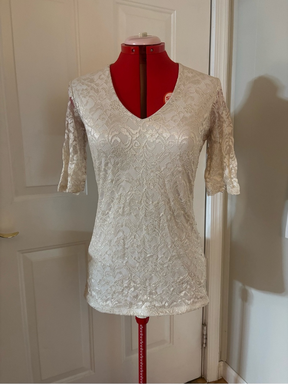 Long Elegant Legs Off-White Lace V-Neck Short Sleeve Top